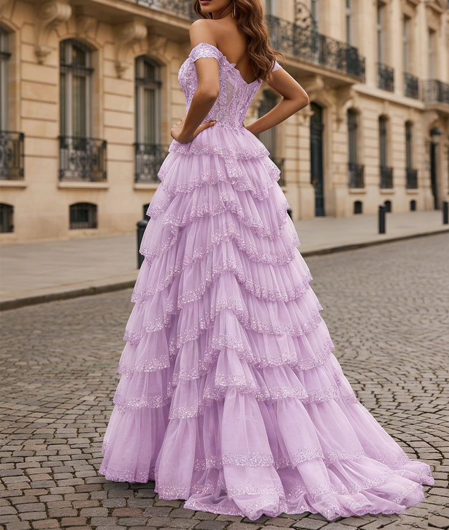 Sparkling Royal Blue Off The Shoulder Tiered Ruffle Corset Prom Dress with Slit