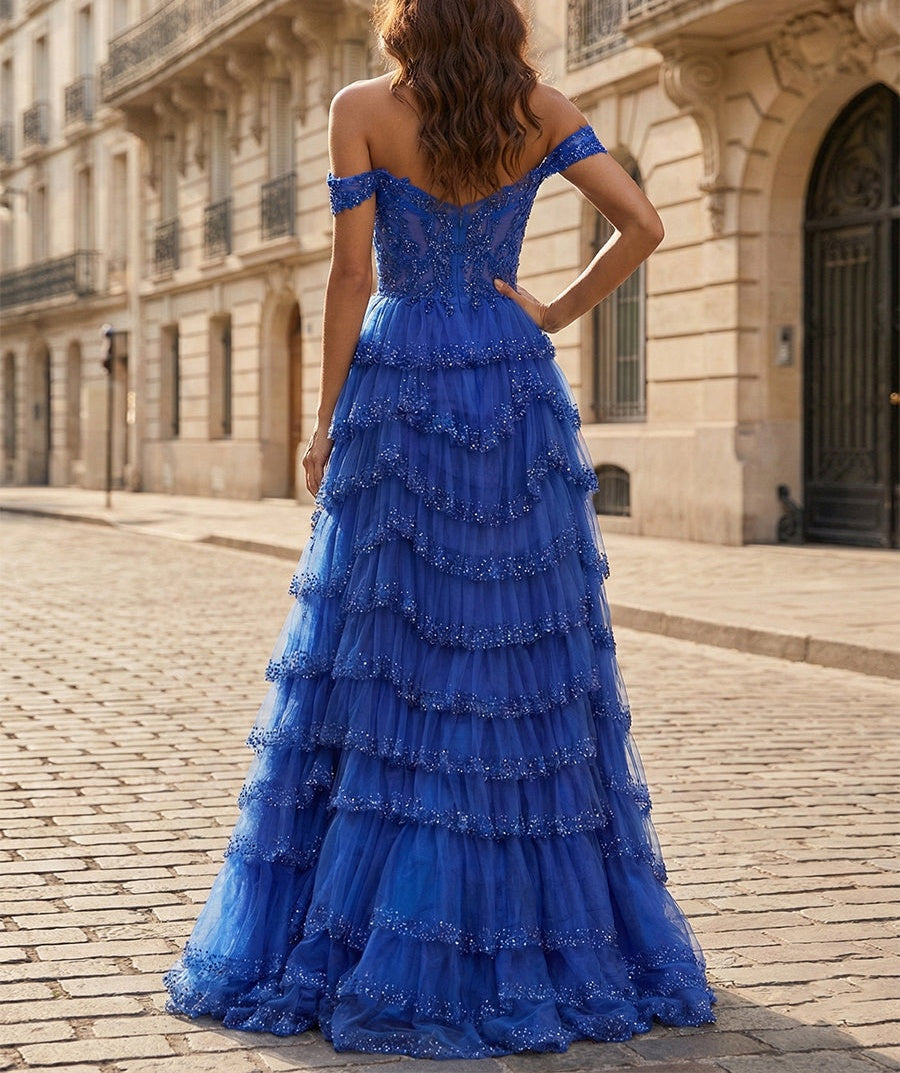 Sparkling Royal Blue Off The Shoulder Tiered Ruffle Corset Prom Dress with Slit