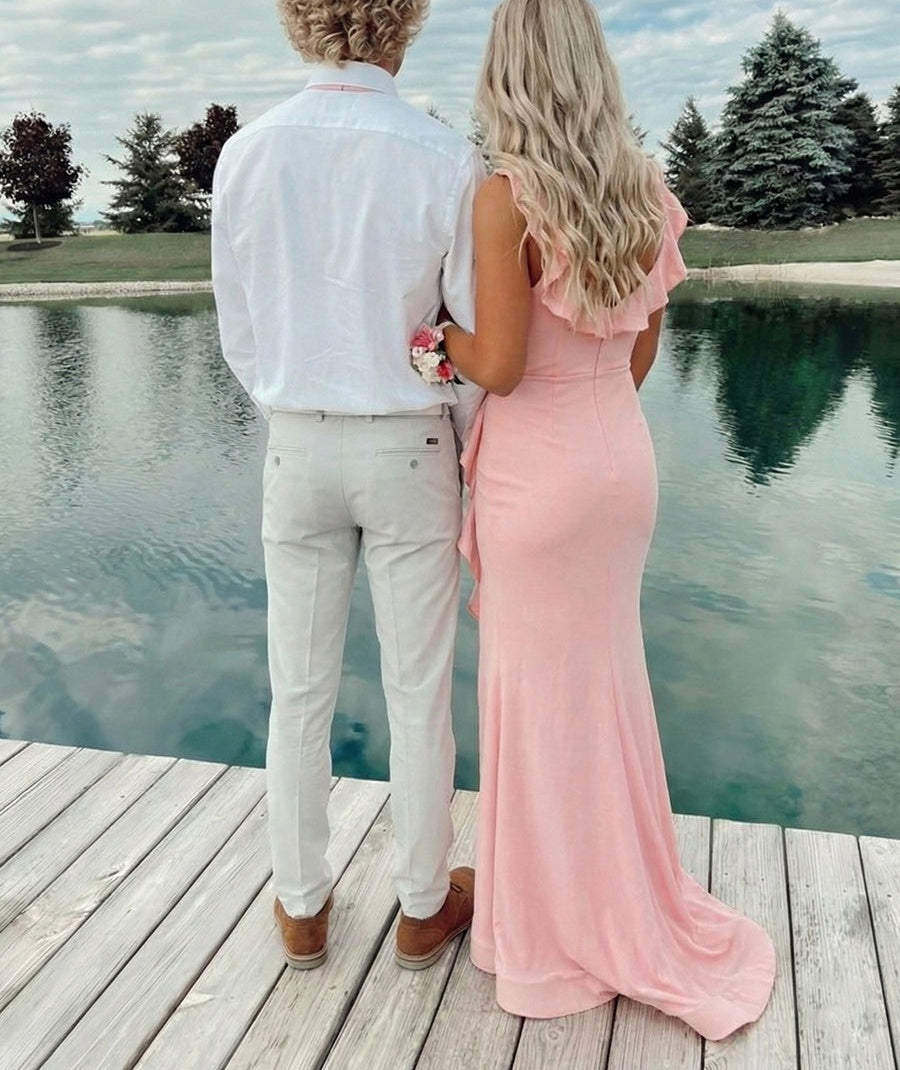 Pink Ruffled V-Neck Prom Dress with High Slit