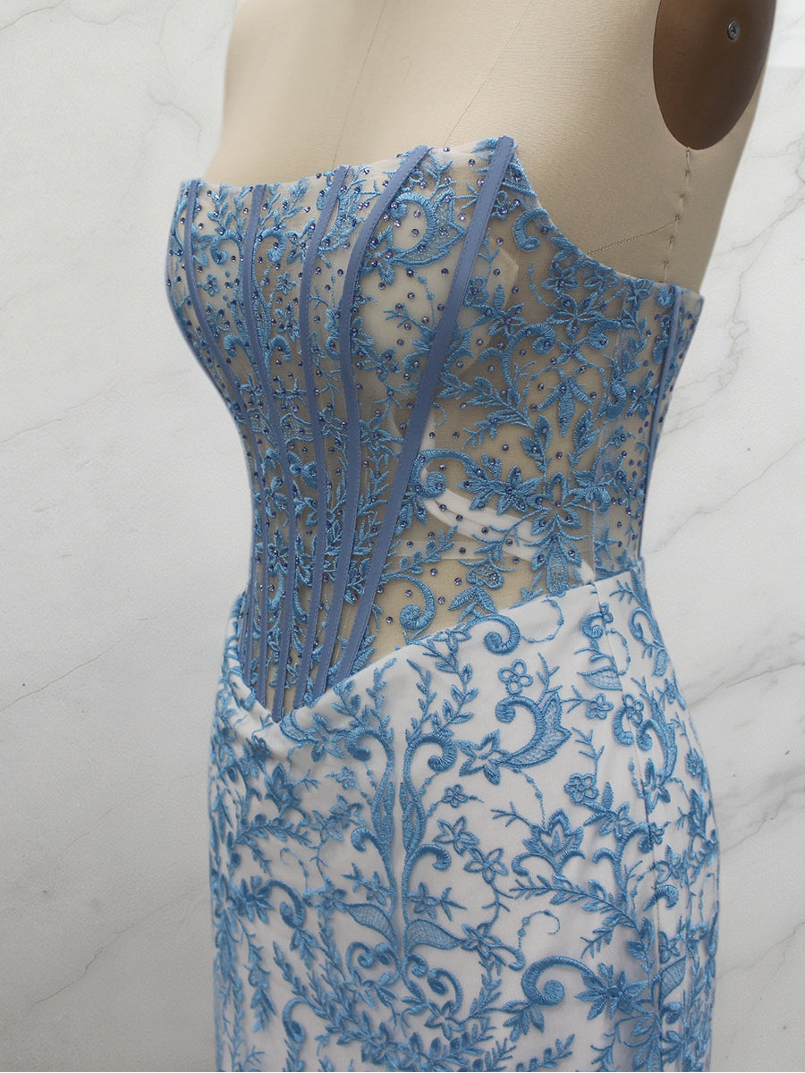Blue Strapless Pearl Beaded Ruched Long Corset Prom Dress