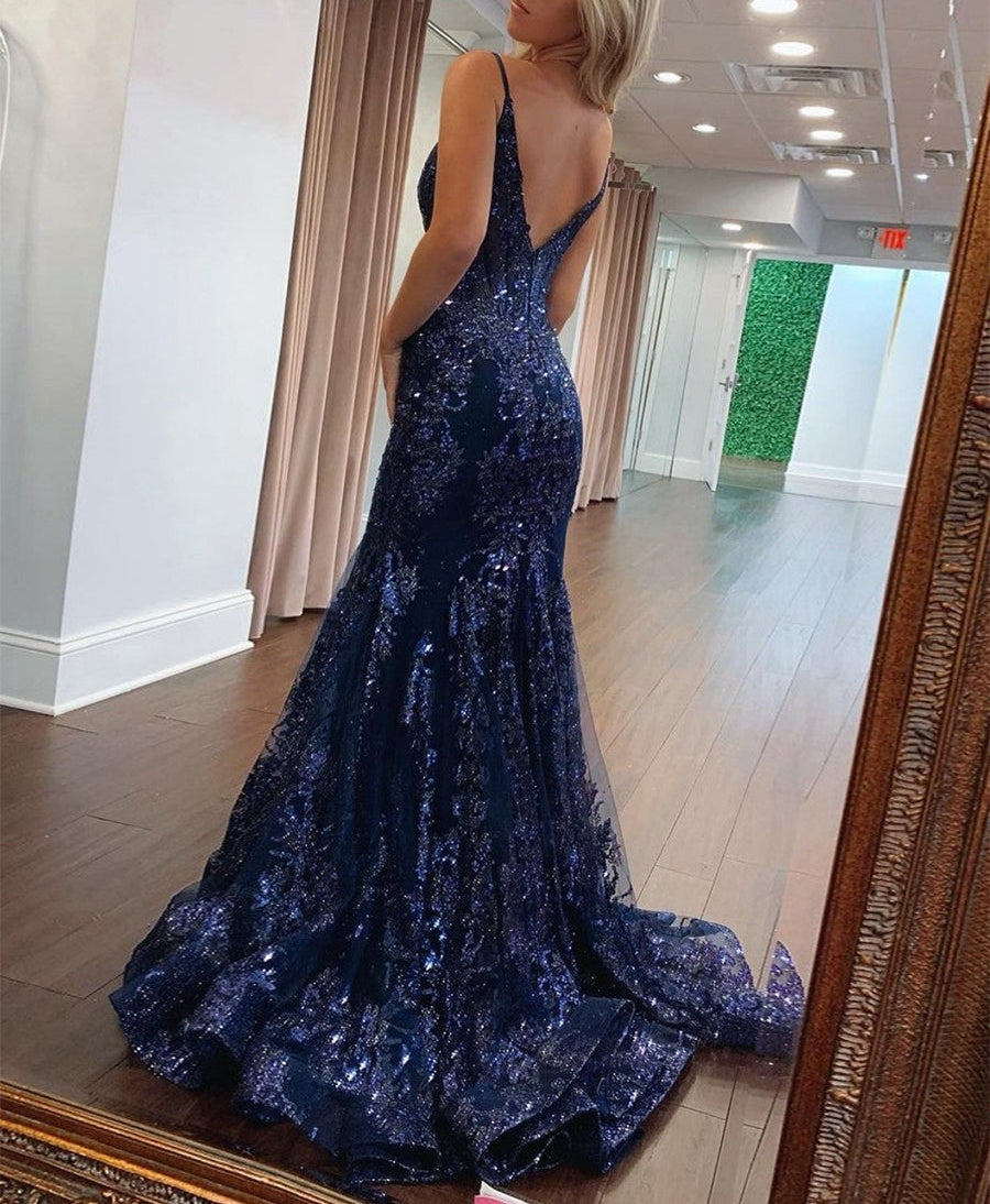 Navy Blue Sequin V Neck Corset Bodice Mermaid Long Prom Dress