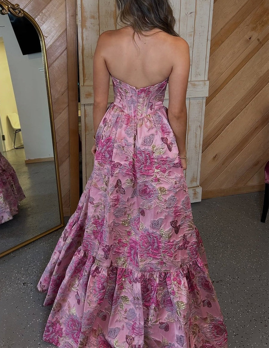 Pink Floral Strapless Jacquard Corset A-Line Prom Dress