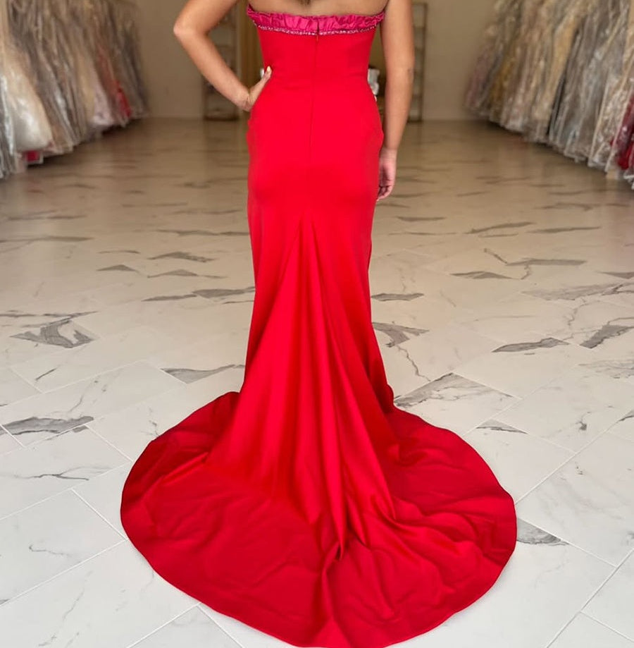 Red Ruffled Strapless Long Prom Dress with Slit