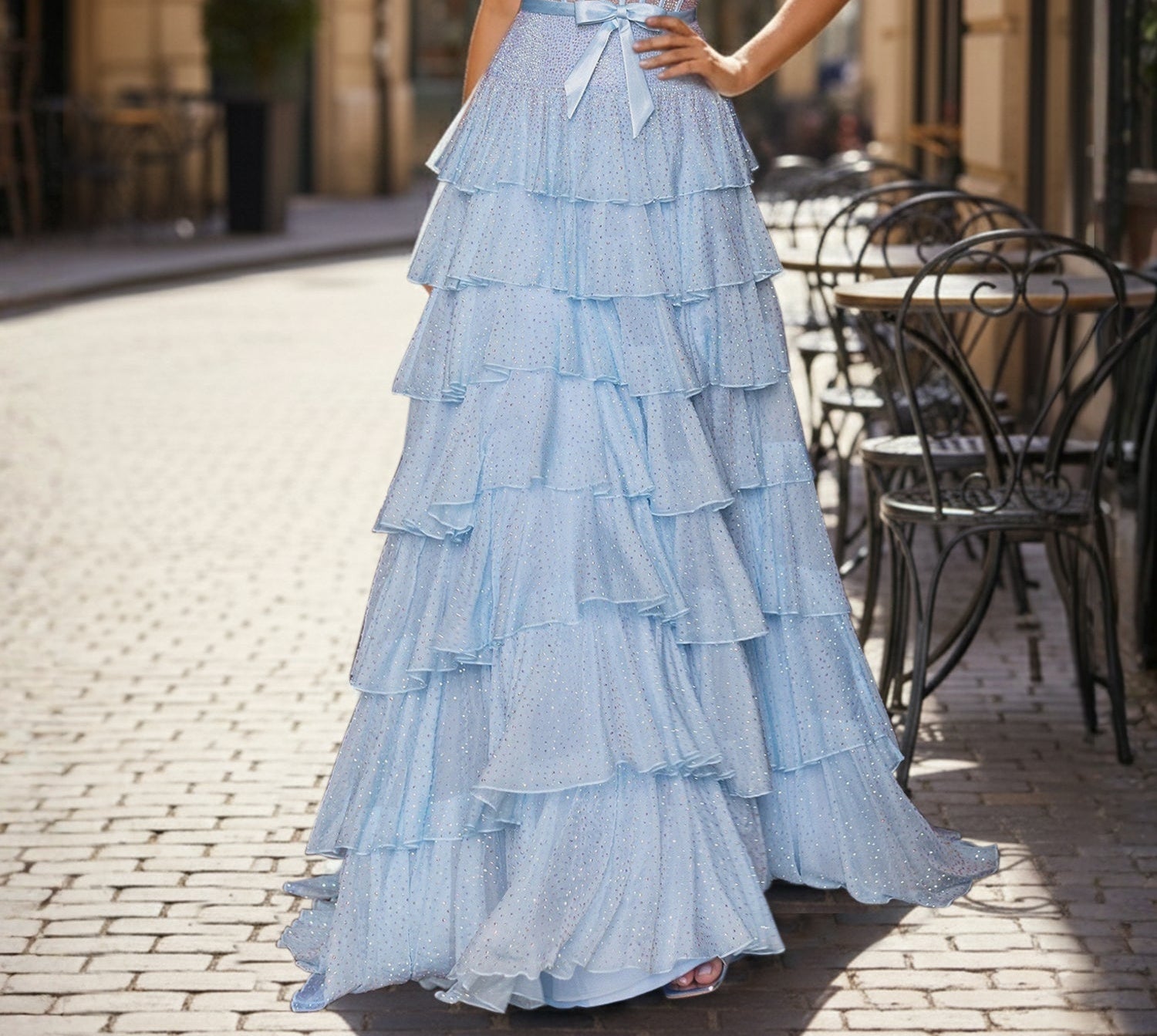 Sparkly Light Blue Strapless Tiered Ruffle Corset Prom Dress with Slit
