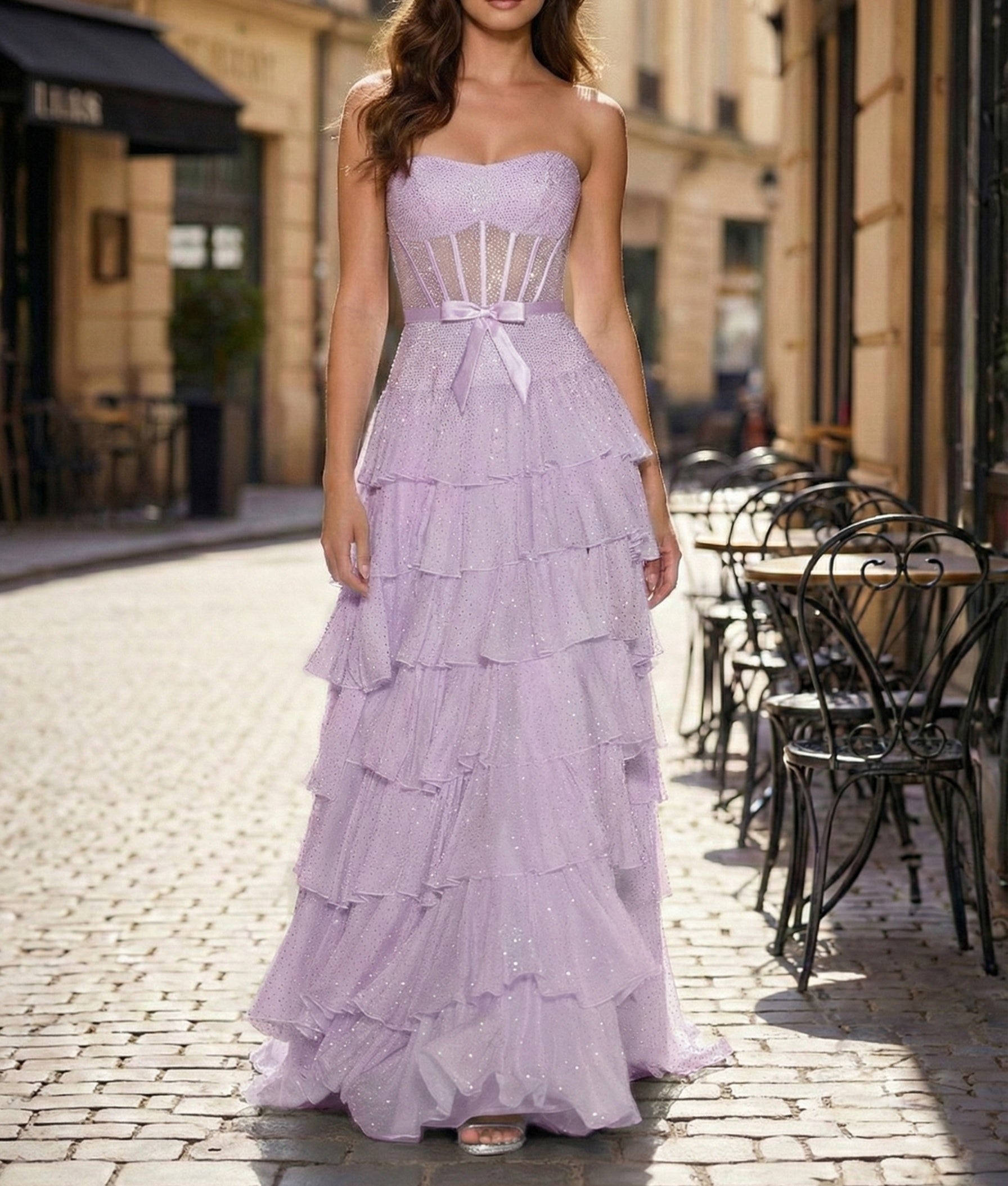 Sparkly Light Blue Strapless Tiered Ruffle Corset Prom Dress with Slit