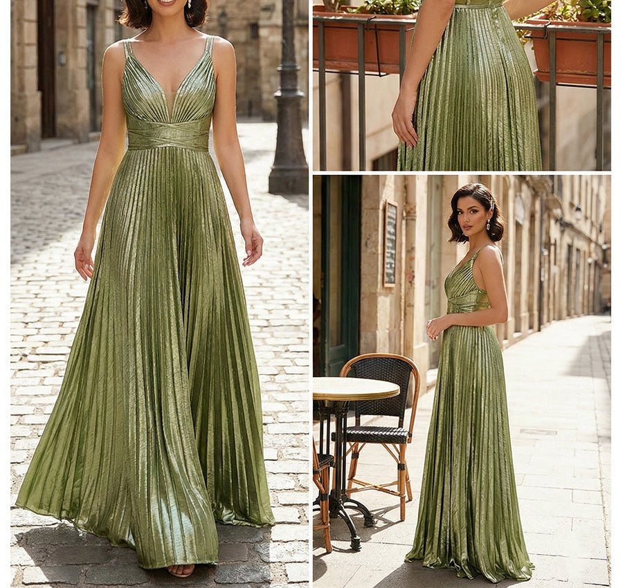 Metallic Olive Green Pleated A-Line Long Prom Dress