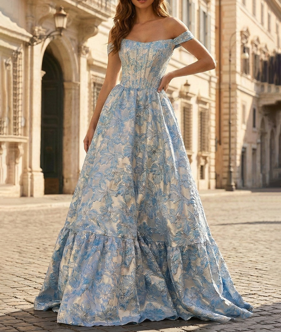 Blue Floral Jacquard Off-the-Shoulder Corset Prom Dress