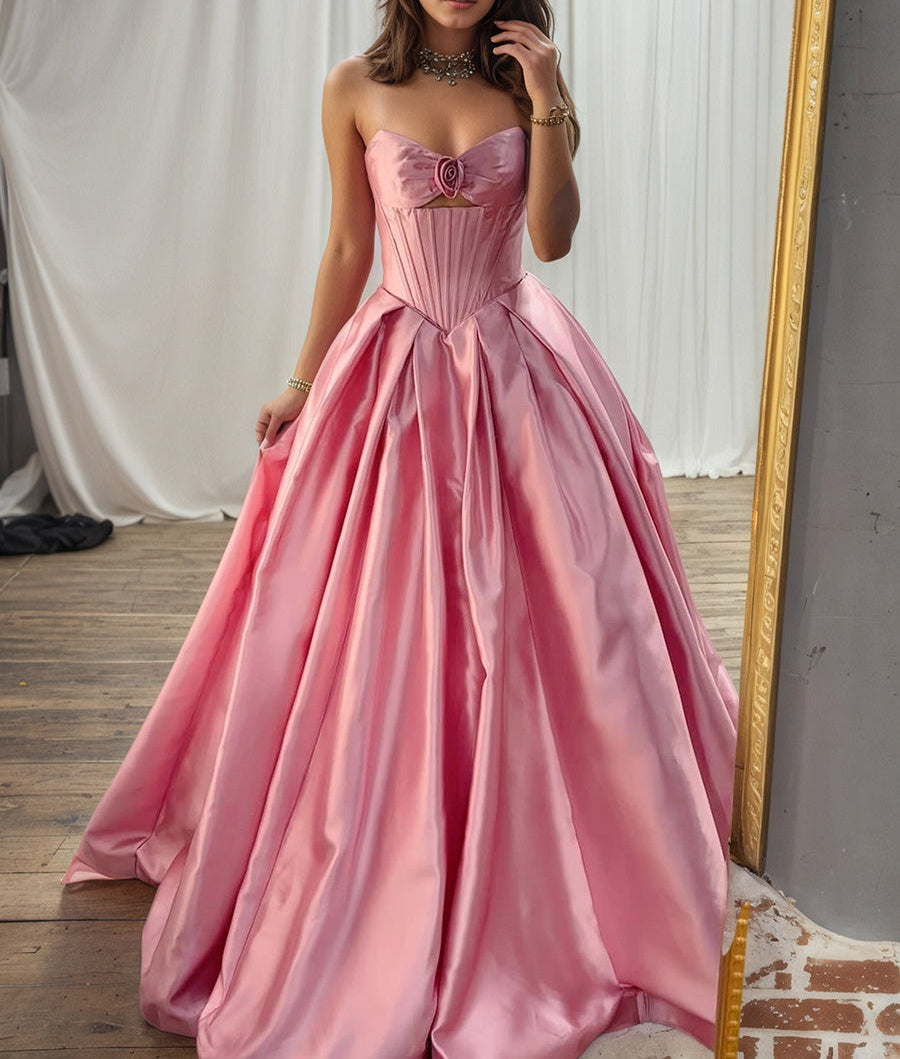 Pink Satin Strapless Long Corset Prom Dress with Rosette