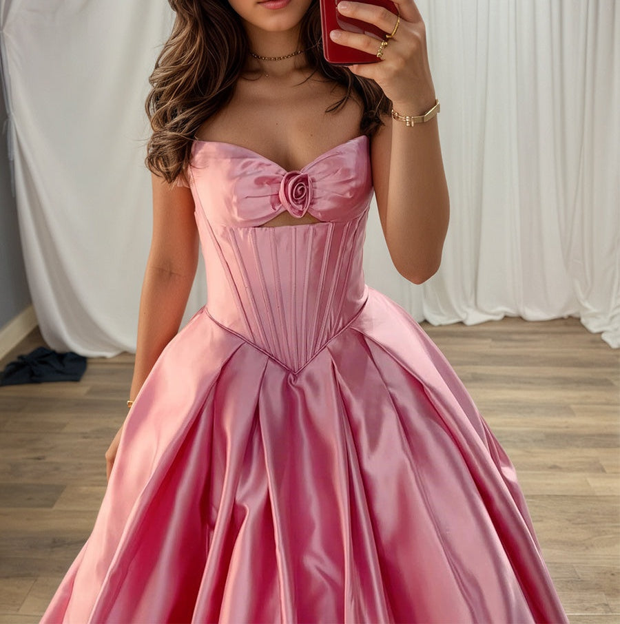 Pink Satin Strapless Long Corset Prom Dress with Rosette