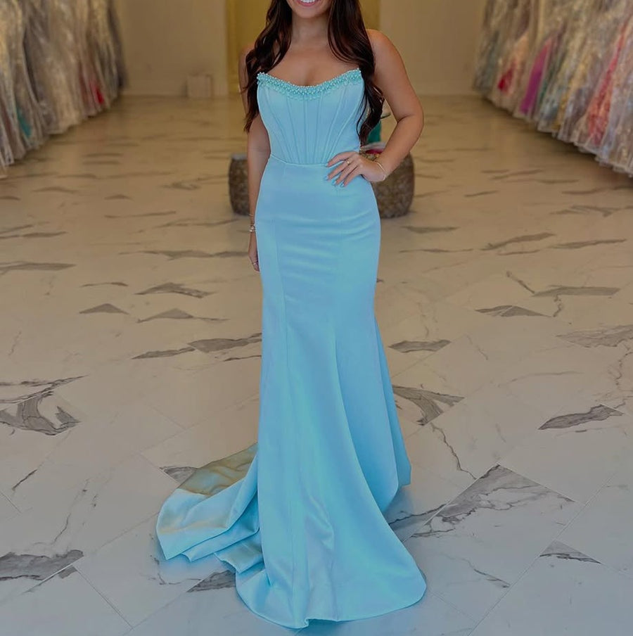Light Blue Strapless Corset Mermaid Prom Dress with Beaded Trim