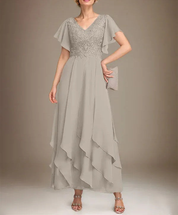 A-line V-Neck Ankle-Length Lace Chiffon Mother of the Bride Dress With Cascading Ruffles