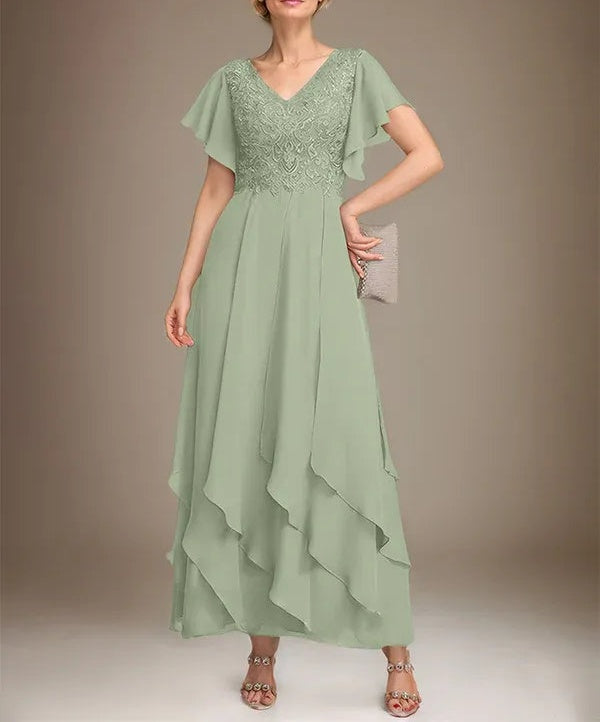 A-line V-Neck Ankle-Length Lace Chiffon Mother of the Bride Dress With Cascading Ruffles