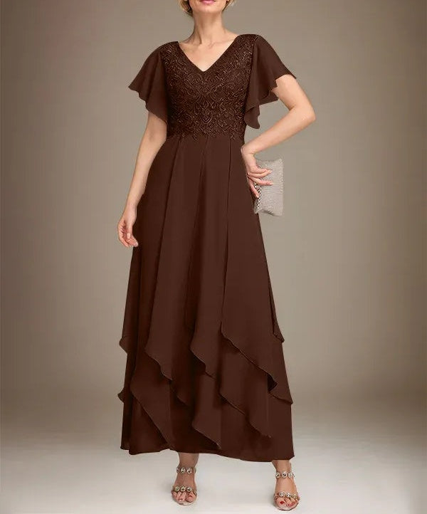 A-line V-Neck Ankle-Length Lace Chiffon Mother of the Bride Dress With Cascading Ruffles
