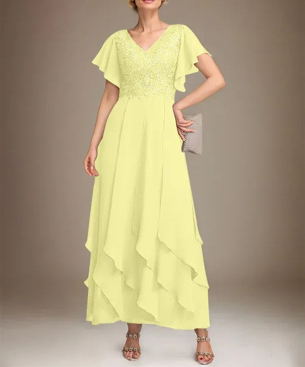 A-line V-Neck Ankle-Length Lace Chiffon Mother of the Bride Dress With Cascading Ruffles