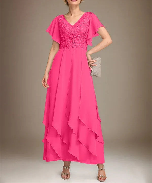 A-line V-Neck Ankle-Length Lace Chiffon Mother of the Bride Dress With Cascading Ruffles