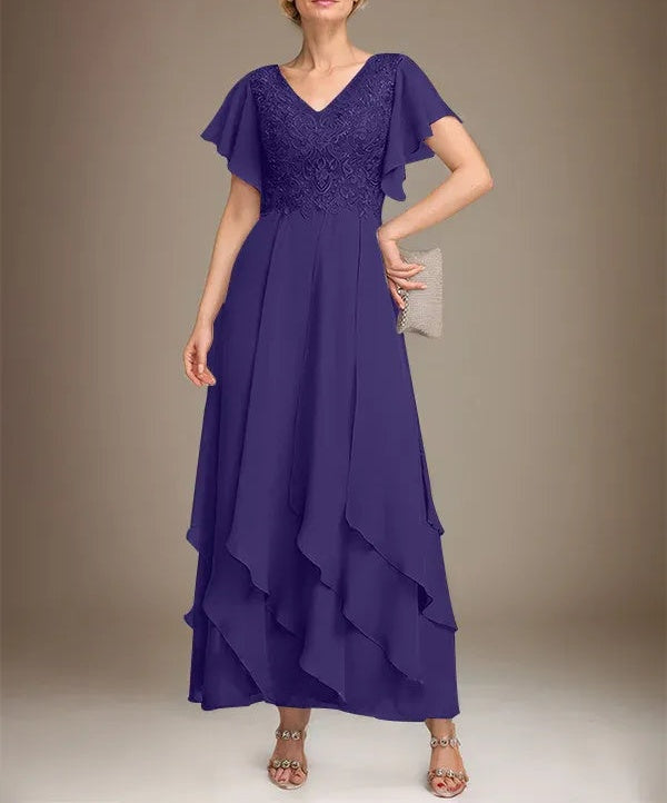 A-line V-Neck Ankle-Length Lace Chiffon Mother of the Bride Dress With Cascading Ruffles