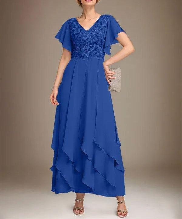A-line V-Neck Ankle-Length Lace Chiffon Mother of the Bride Dress With Cascading Ruffles