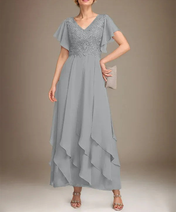 A-line V-Neck Ankle-Length Lace Chiffon Mother of the Bride Dress With Cascading Ruffles
