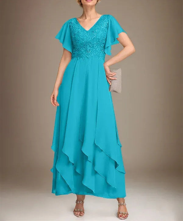 A-line V-Neck Ankle-Length Lace Chiffon Mother of the Bride Dress With Cascading Ruffles