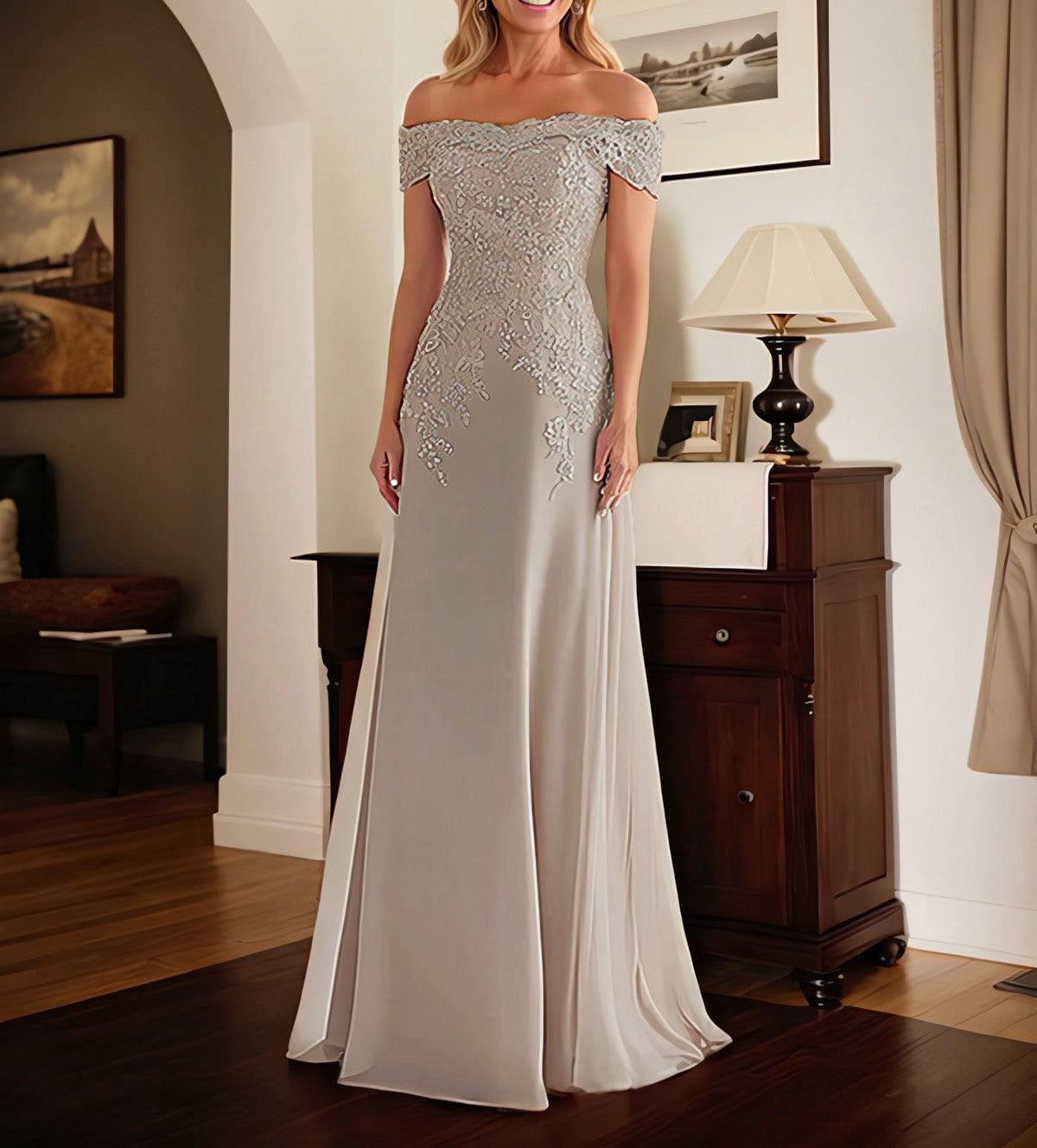 Elegant Taupe Off The Shoulder Sheath Mother of the Bride Dress with Lace