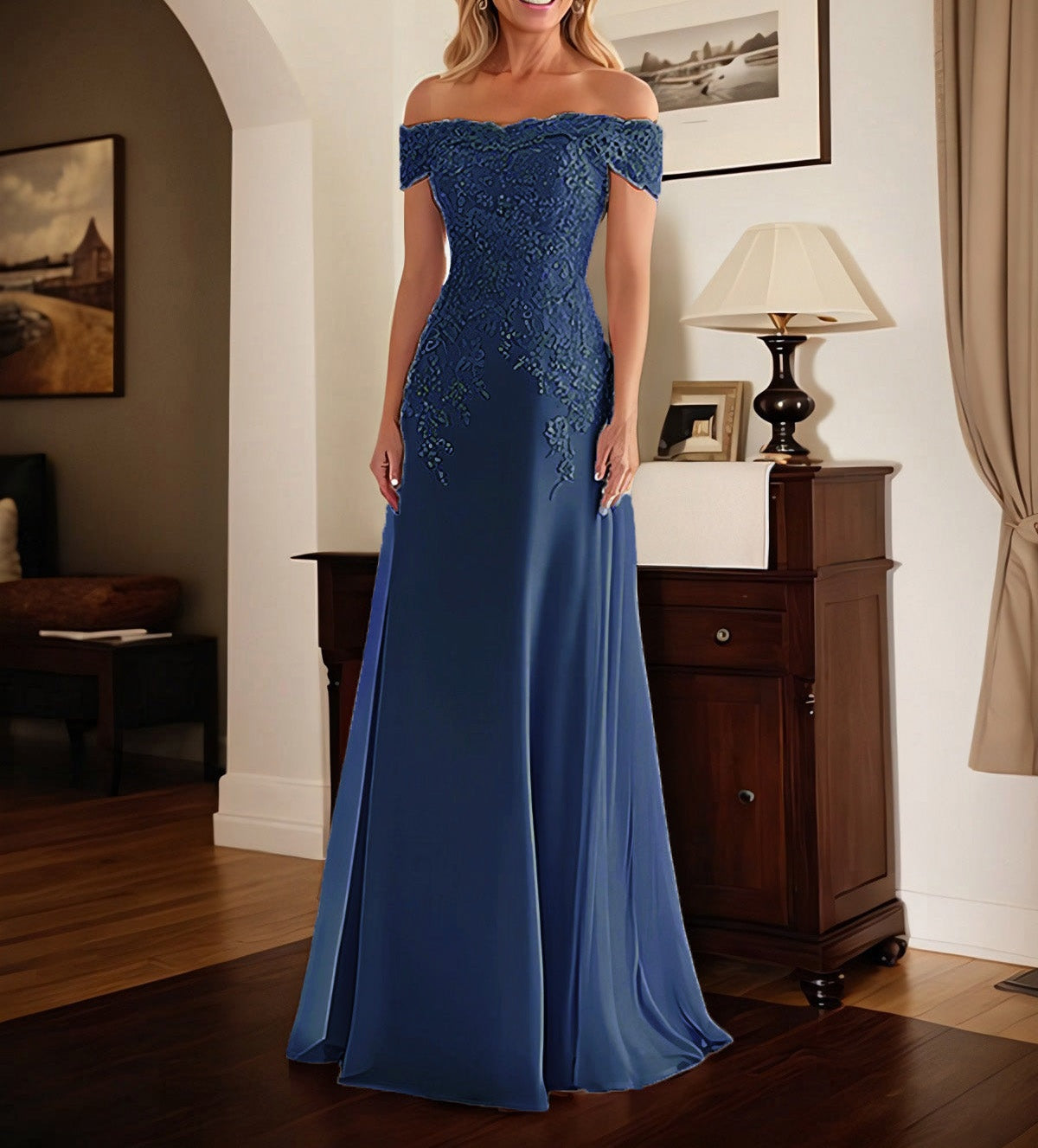 Elegant Taupe Off The Shoulder Sheath Mother of the Bride Dress with Lace