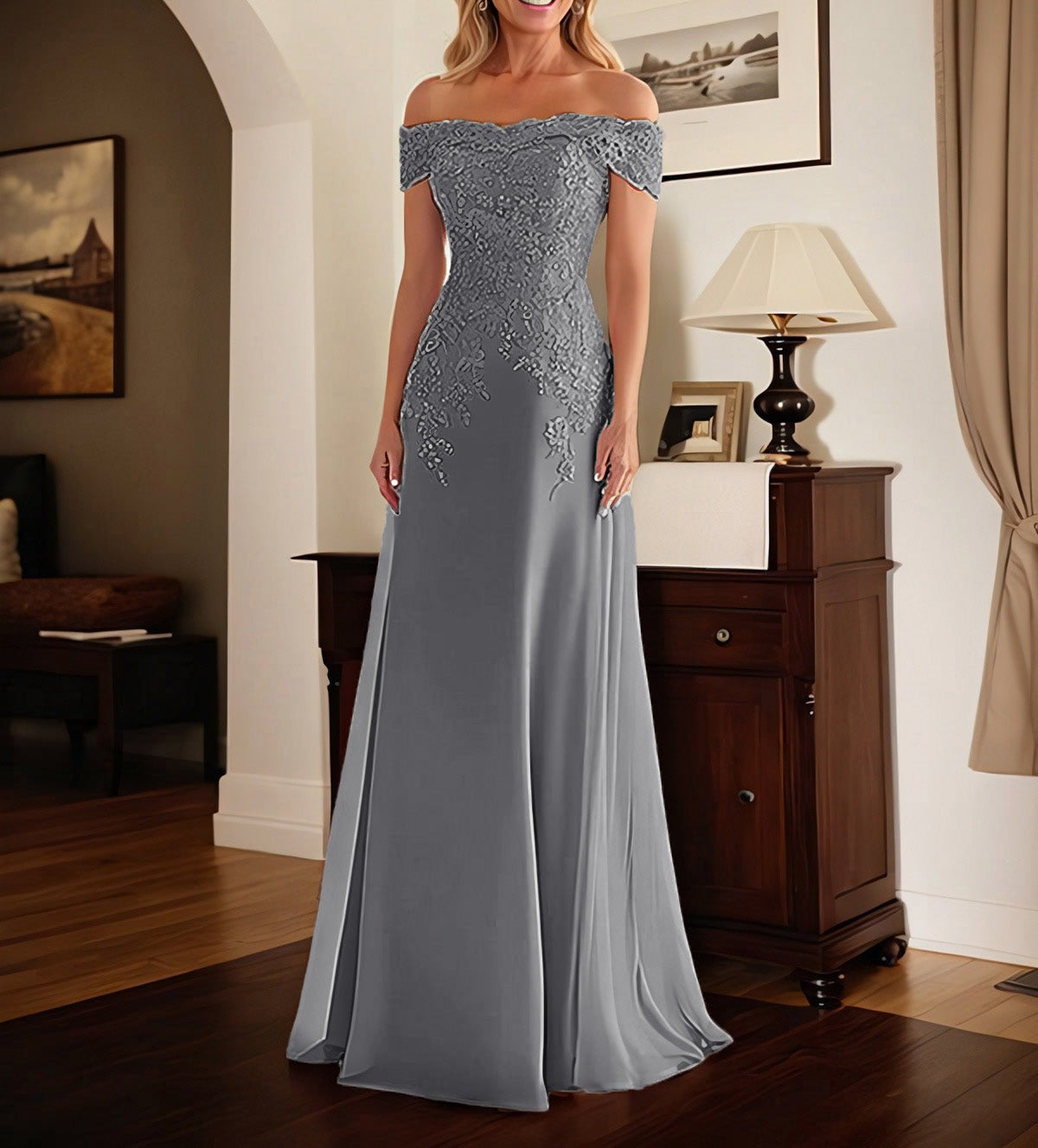 Elegant Taupe Off The Shoulder Sheath Mother of the Bride Dress with Lace