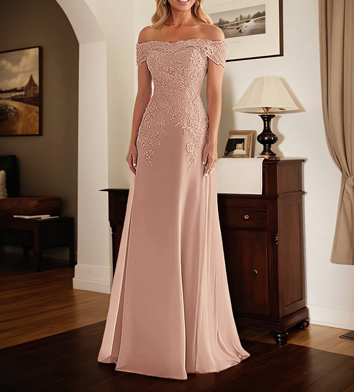 Elegant Taupe Off The Shoulder Sheath Mother of the Bride Dress with Lace