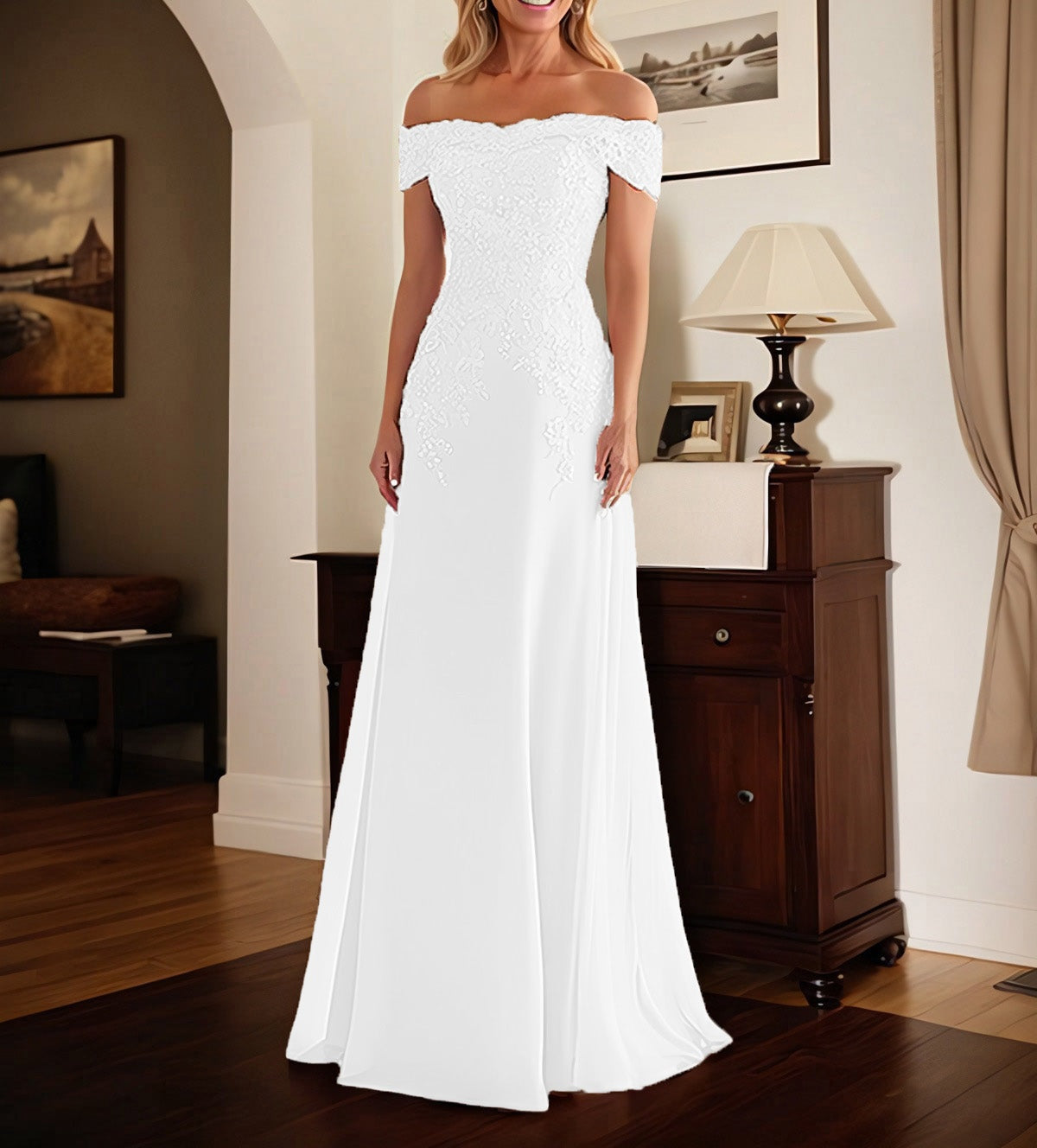 Elegant Taupe Off The Shoulder Sheath Mother of the Bride Dress with Lace
