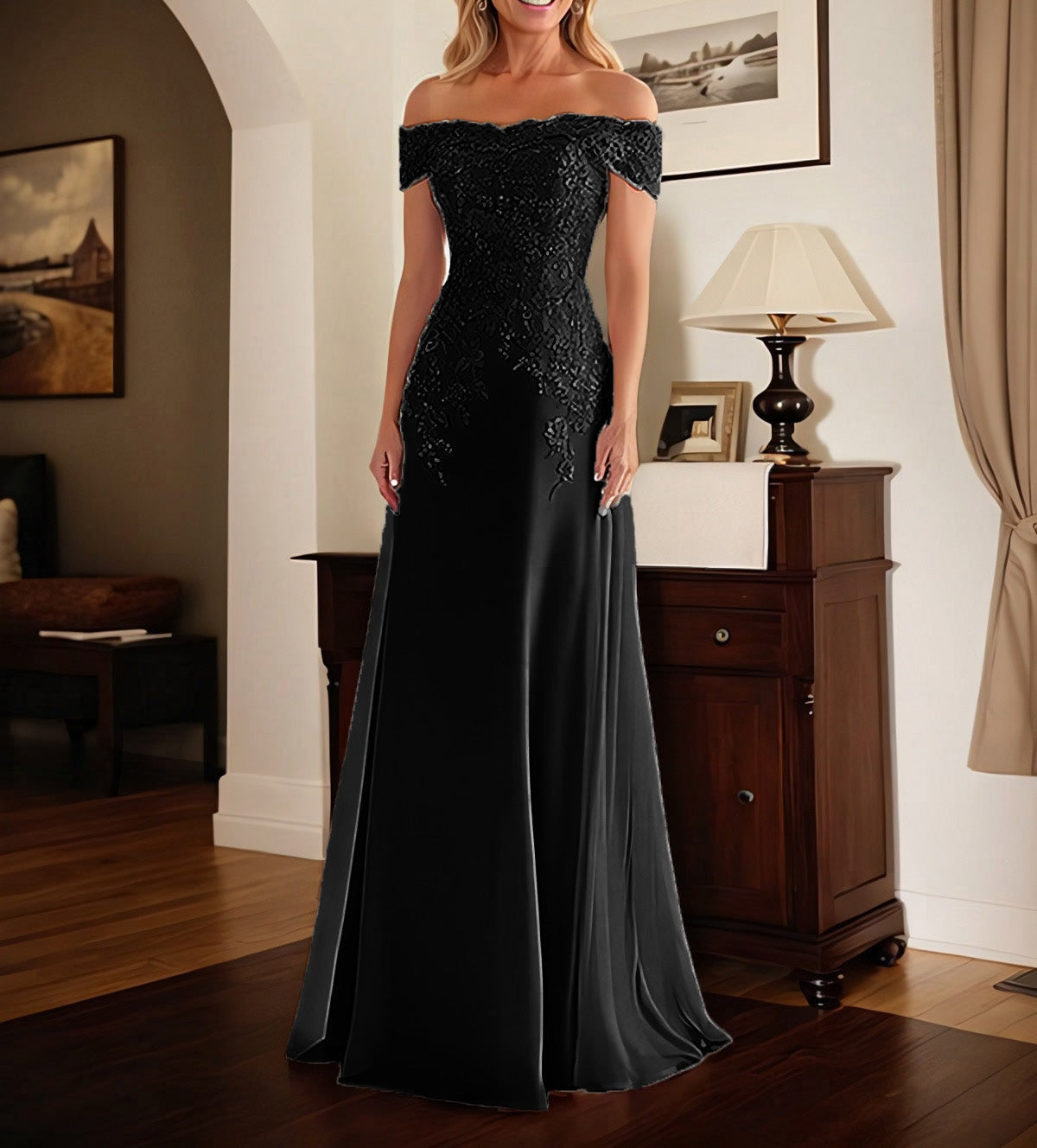 Elegant Taupe Off The Shoulder Sheath Mother of the Bride Dress with Lace