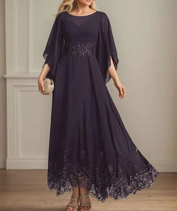A-line Scoop Illusion Ankle-Length Lace Chiffon Mother of the Bride Dress With Sequins