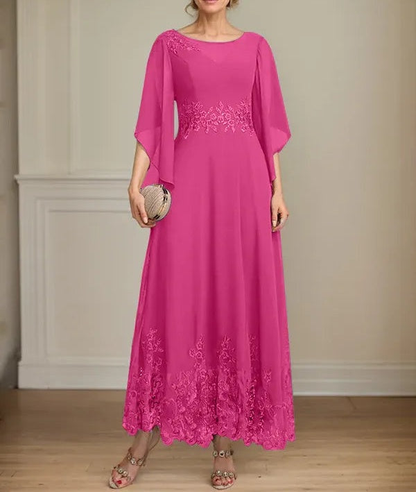 A-line Scoop Illusion Ankle-Length Lace Chiffon Mother of the Bride Dress With Sequins