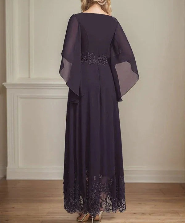A-line Scoop Illusion Ankle-Length Lace Chiffon Mother of the Bride Dress With Sequins