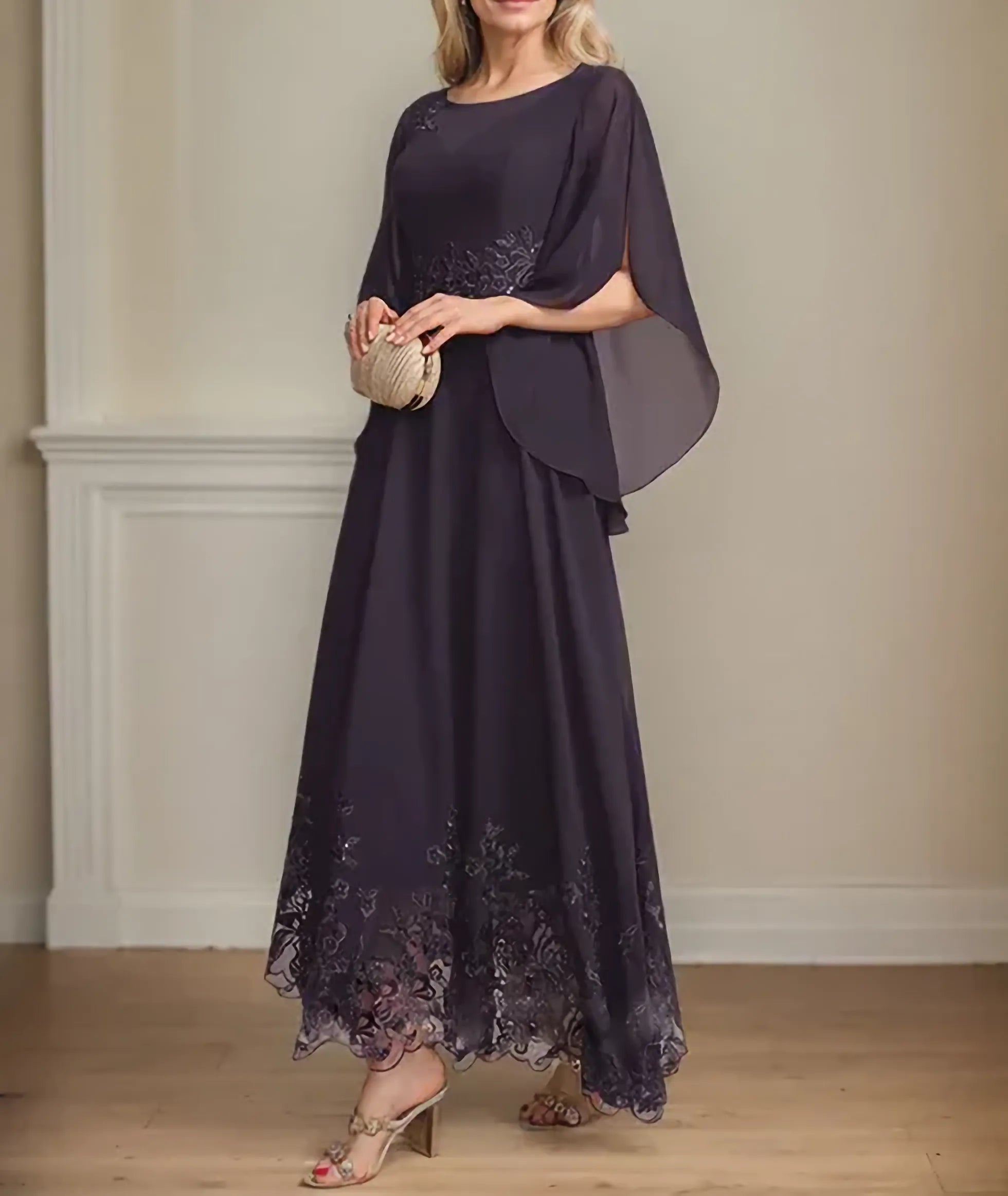 A-line Scoop Illusion Ankle-Length Lace Chiffon Mother of the Bride Dress With Sequins