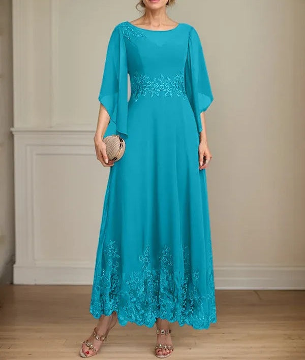 A-line Scoop Illusion Ankle-Length Lace Chiffon Mother of the Bride Dress With Sequins