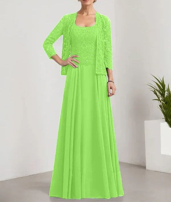 A-line Square Floor-Length Lace Chiffon Mother of the Bride Dress With Sequins