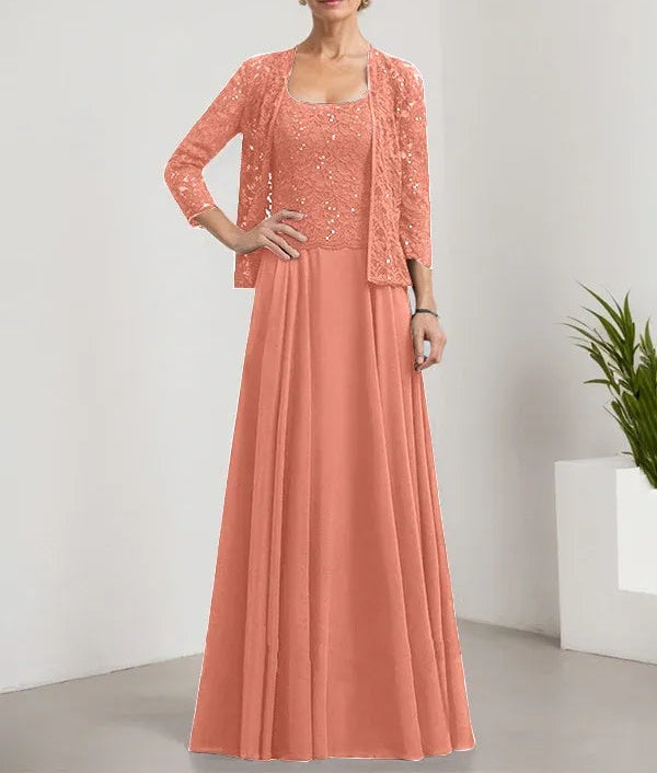 A-line Square Floor-Length Lace Chiffon Mother of the Bride Dress With Sequins