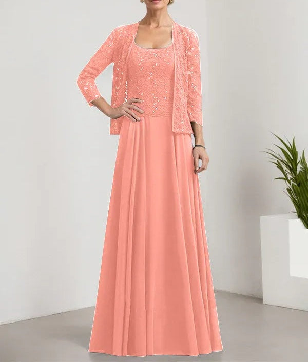 A-line Square Floor-Length Lace Chiffon Mother of the Bride Dress With Sequins