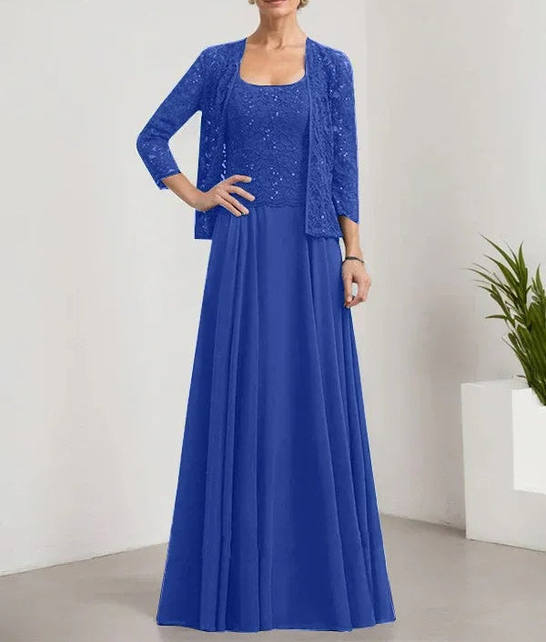 A-line Square Floor-Length Lace Chiffon Mother of the Bride Dress With Sequins