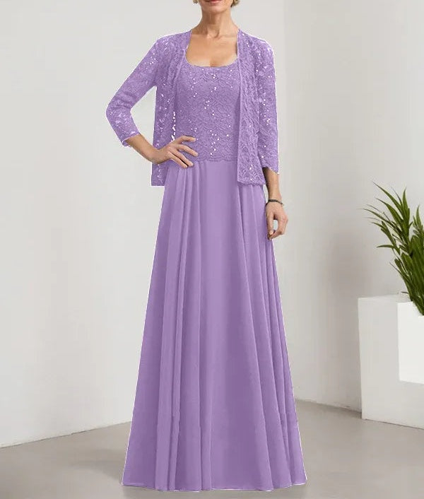A-line Square Floor-Length Lace Chiffon Mother of the Bride Dress With Sequins