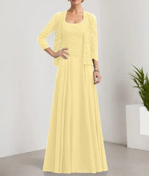 A-line Square Floor-Length Lace Chiffon Mother of the Bride Dress With Sequins