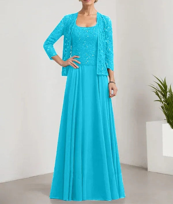 A-line Square Floor-Length Lace Chiffon Mother of the Bride Dress With Sequins