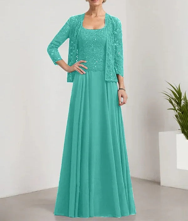 A-line Square Floor-Length Lace Chiffon Mother of the Bride Dress With Sequins