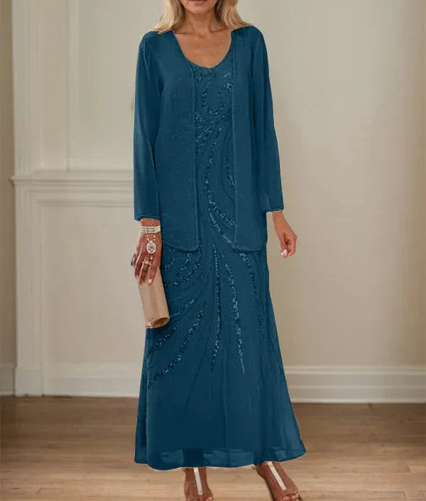 Sheath/Column V-Neck Ankle-Length Mother of the Bride Dresses with Jacket & Sequins