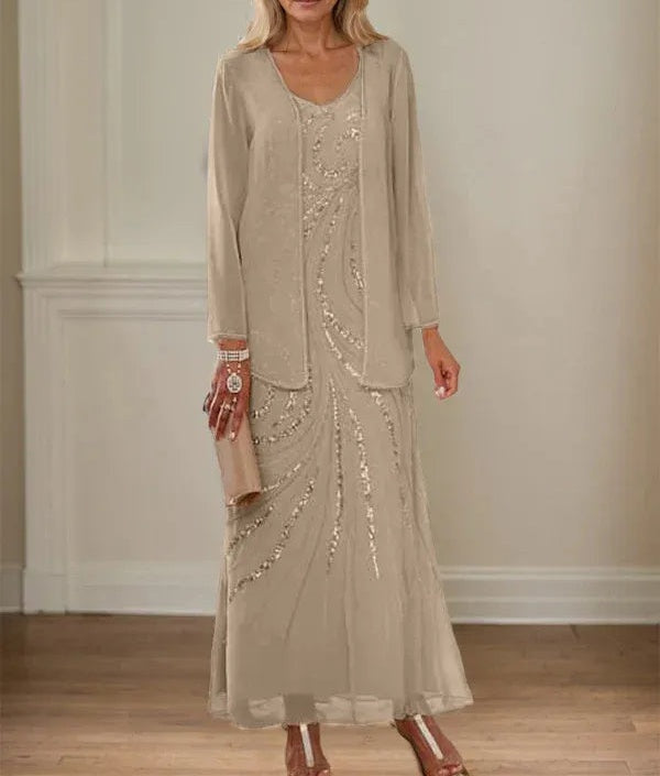 Sheath/Column V-Neck Ankle-Length Mother of the Bride Dresses with Jacket & Sequins