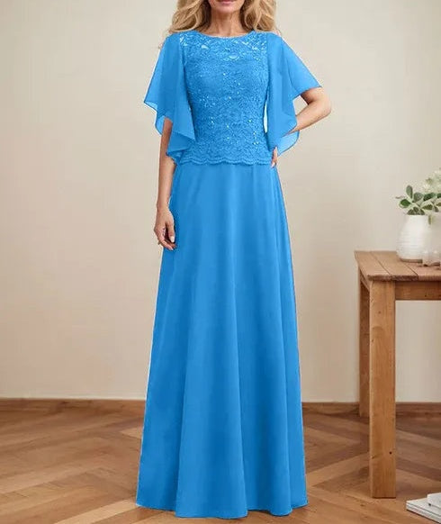 A-line Scoop Illusion Floor-Length Lace Chiffon Mother of the Bride Dress With Sequins