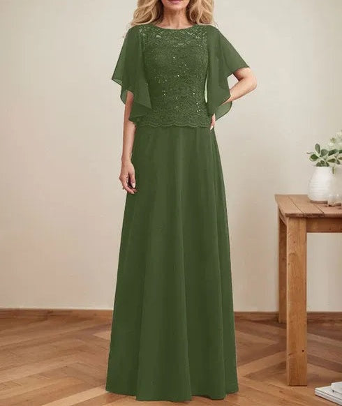 A-line Scoop Illusion Floor-Length Lace Chiffon Mother of the Bride Dress With Sequins
