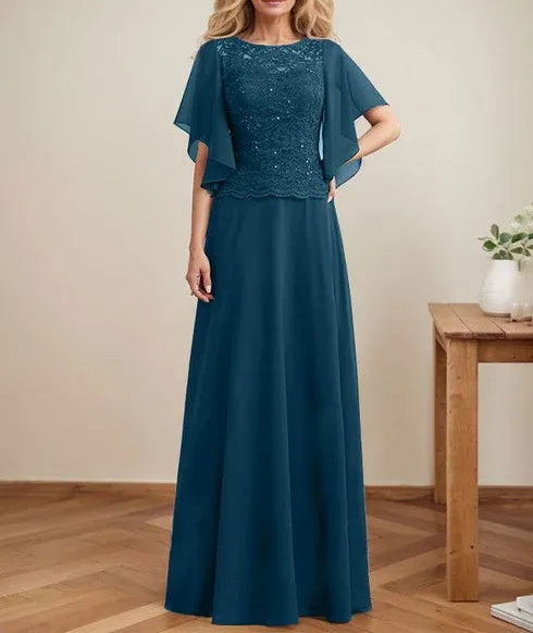 A-line Scoop Illusion Floor-Length Lace Chiffon Mother of the Bride Dress With Sequins
