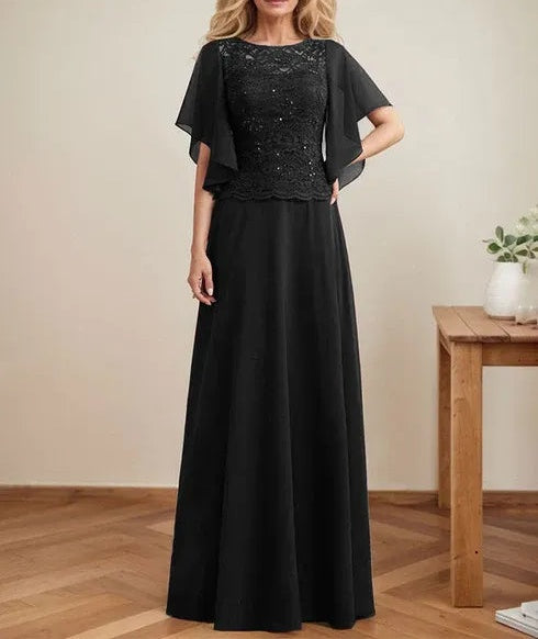 A-line Scoop Illusion Floor-Length Lace Chiffon Mother of the Bride Dress With Sequins