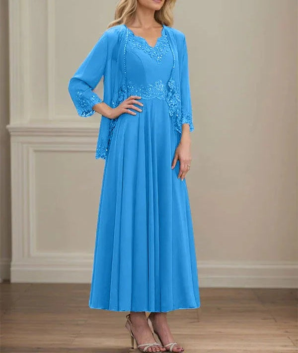 A-line V-Neck Ankle-Length Chiffon Mother of the Bride Dress With Sequins Appliques Lace Beading
