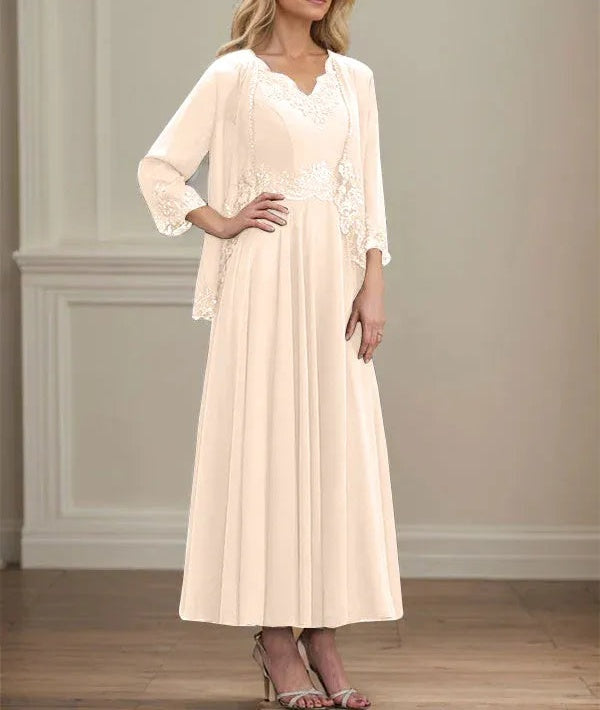 A-line V-Neck Ankle-Length Chiffon Mother of the Bride Dress With Sequins Appliques Lace Beading